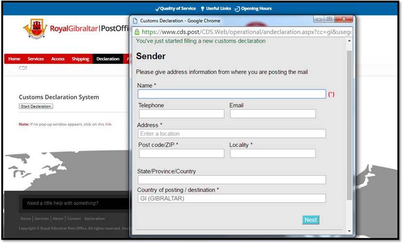Screenshot of  the new Customs Declaration Kiosk System web plug in tool