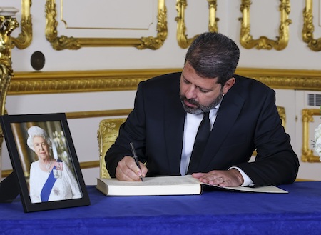 Chief Minister, The Hon Fabian Picardo KC MP signing the Book of Condolence in memory of Queen Elizabeth II at Lancaster House on the 17th September 2022