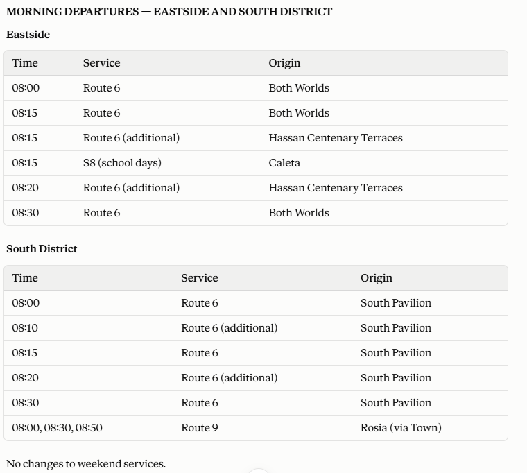 ADDITIONAL MORNING BUS SERVICES — EASTSIDE AND SOUTH DISTRICT